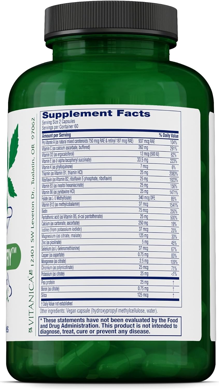 Vitanica Vegan Symmetry, Multivitamínico Vegano para Mujeres, Sin Hierro, Sin Gluten, 120 Cápsulas