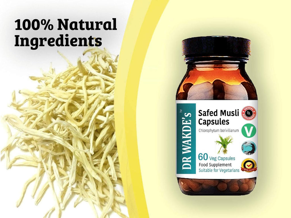 Cápsulas de Safed Musli de DR WAKDE (Chlorophytum borivilianum) - 60 Cápsulas Veganas - Suplemento Herbal Ayurvédico