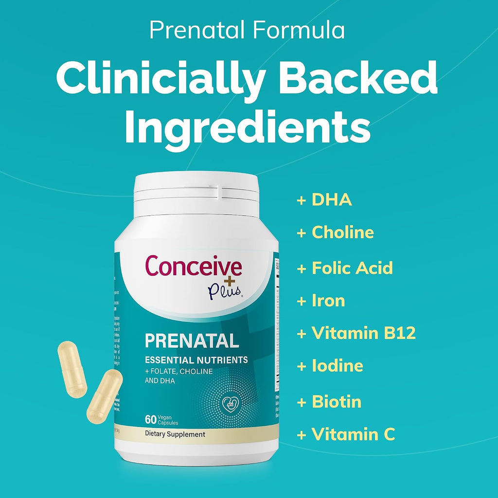 Conceive Plus Vitaminas Prenatales con Ácido Fólico, DHA y Colina - 60 Cápsulas Veganas