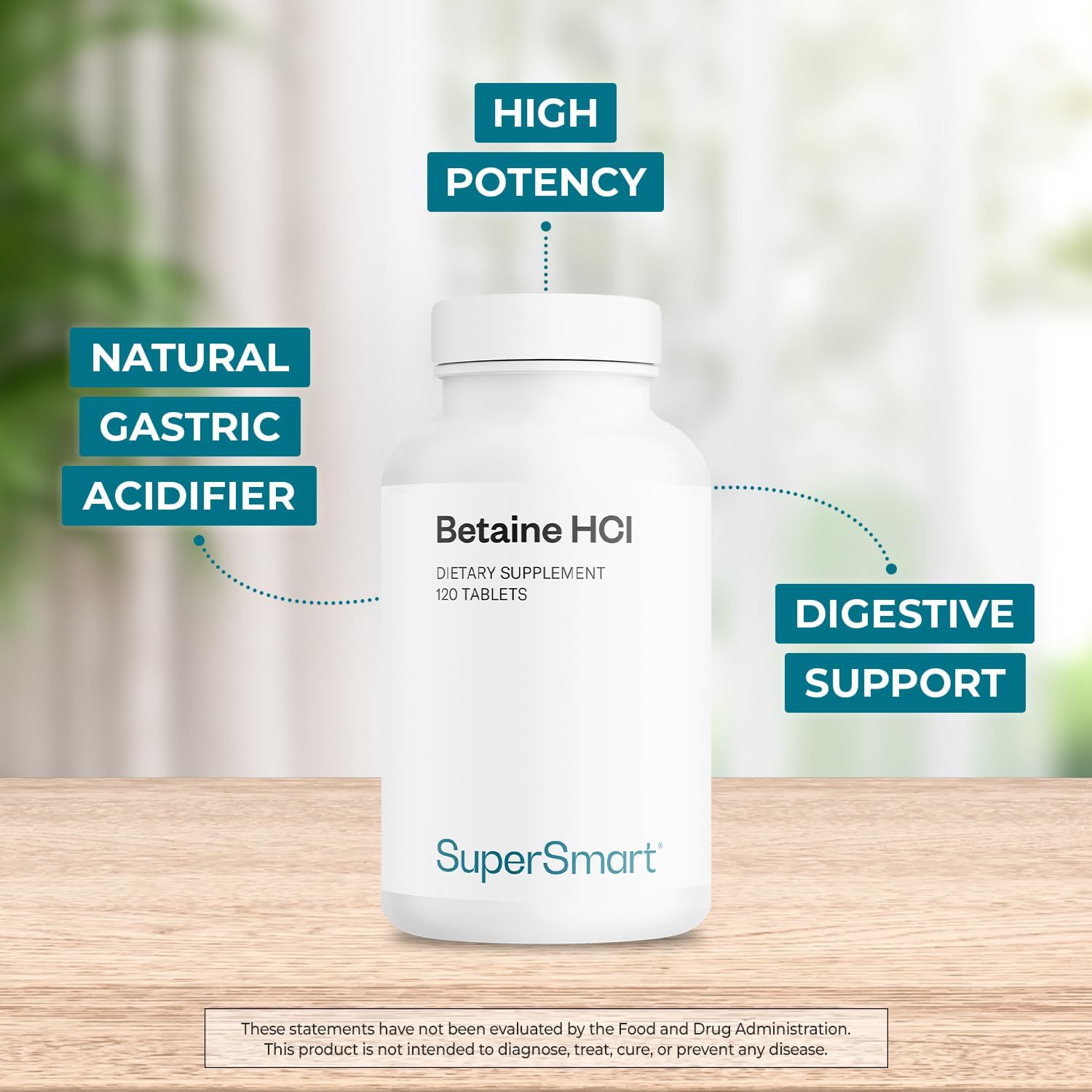 Supersmart - Betaina HCI 2600 mg - 120 Comprimidos - Fórmula de Ácido Clorhídrico para una Digestión Saludable