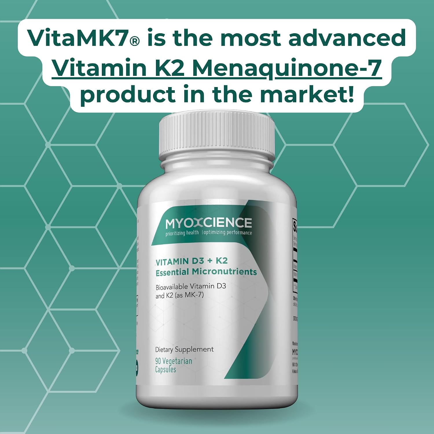 MYOXCIENCE Vitamina D3 + K2 Micronutrientes Esenciales | 6000 UI D3 + 150 mcg K2 MK-7 | 90 Cápsulas Vegetales
