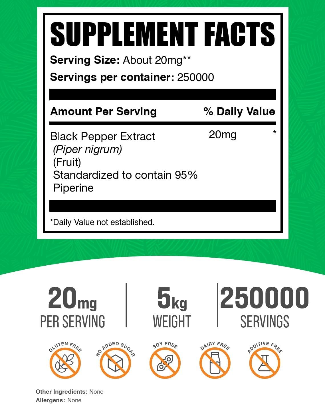 Extracto de Pimienta Negra en Polvo - Suplemento de Piperina, Sin Gluten, 20mg por Servicio, 5 kg (Paquete de 5)