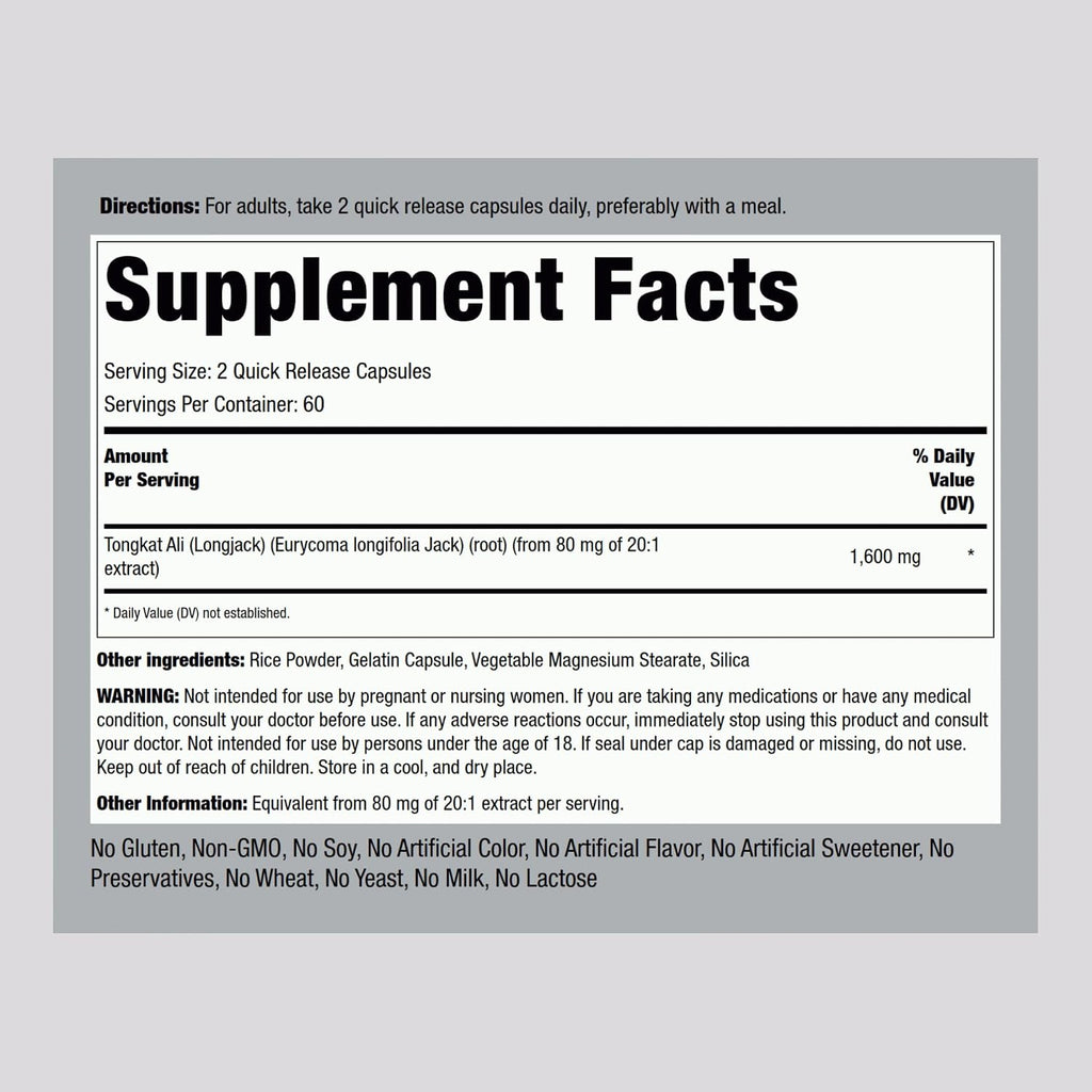 Piping Rock Tongkat Ali | 120 Cápsulas | Extracto de Longjack | Suplemento Herbal | Sin OGM, Sin Gluten