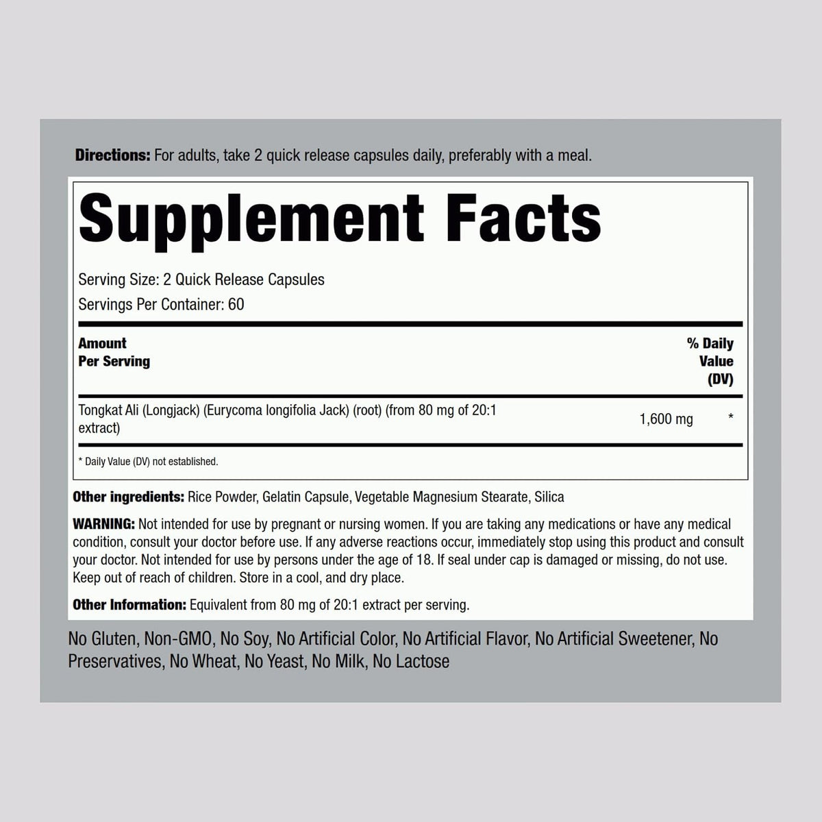 Piping Rock Tongkat Ali | 120 Cápsulas | Extracto de Longjack | Suplemento Herbal | No OGM, Sin Gluten – Image 2