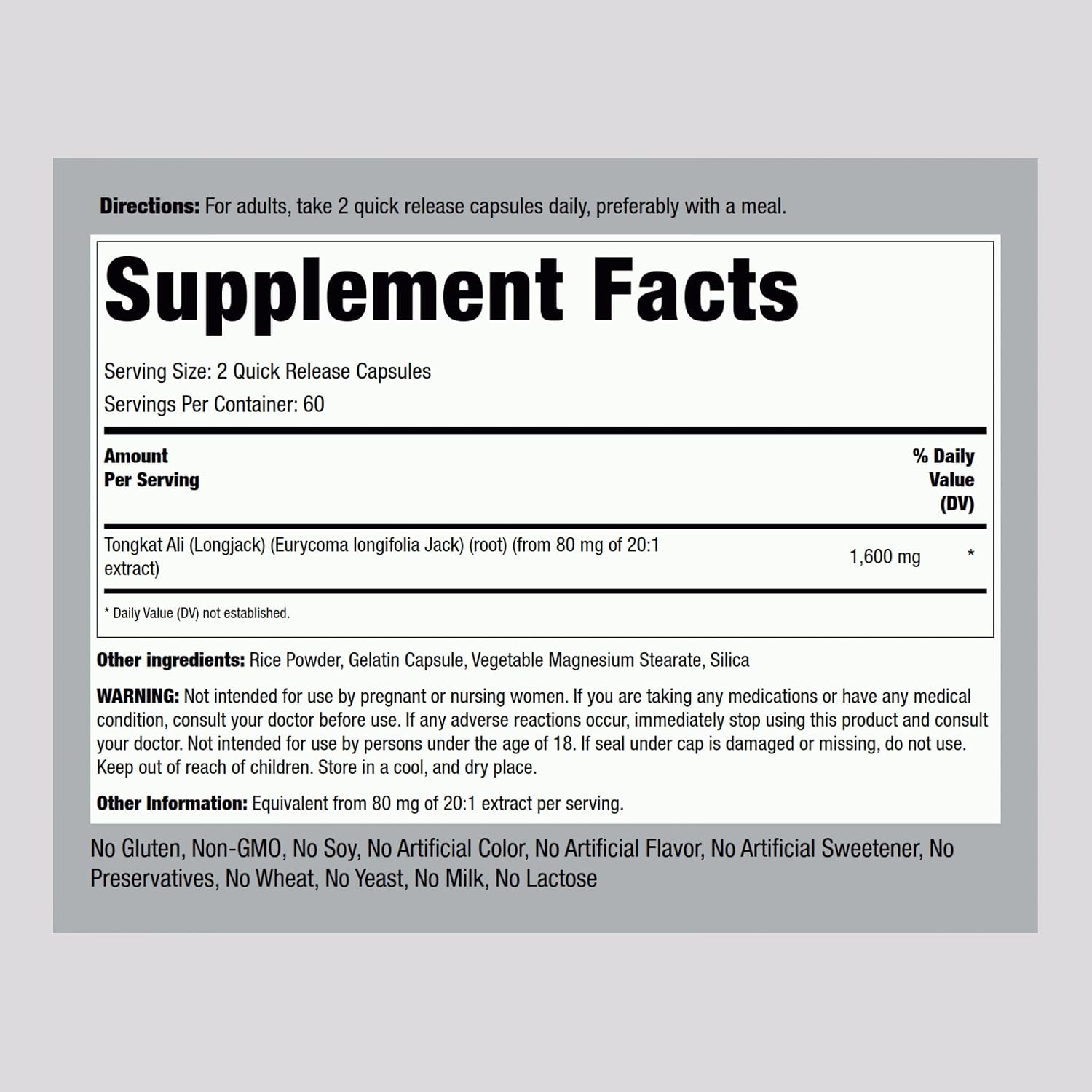 Piping Rock Tongkat Ali | 120 Cápsulas | Extracto de Longjack | Suplemento Herbal | Sin OGM, Sin Gluten