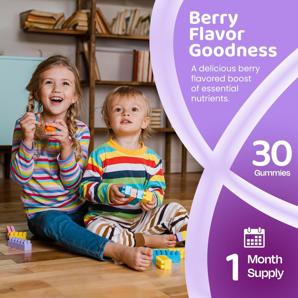 ZettoA Multivitamínico Infantil - Gomitas de Frutos Rojos con 11 Vitaminas y Minerales - Sin Azúcar, Vegano, Sin Gluten - 30 Unidades