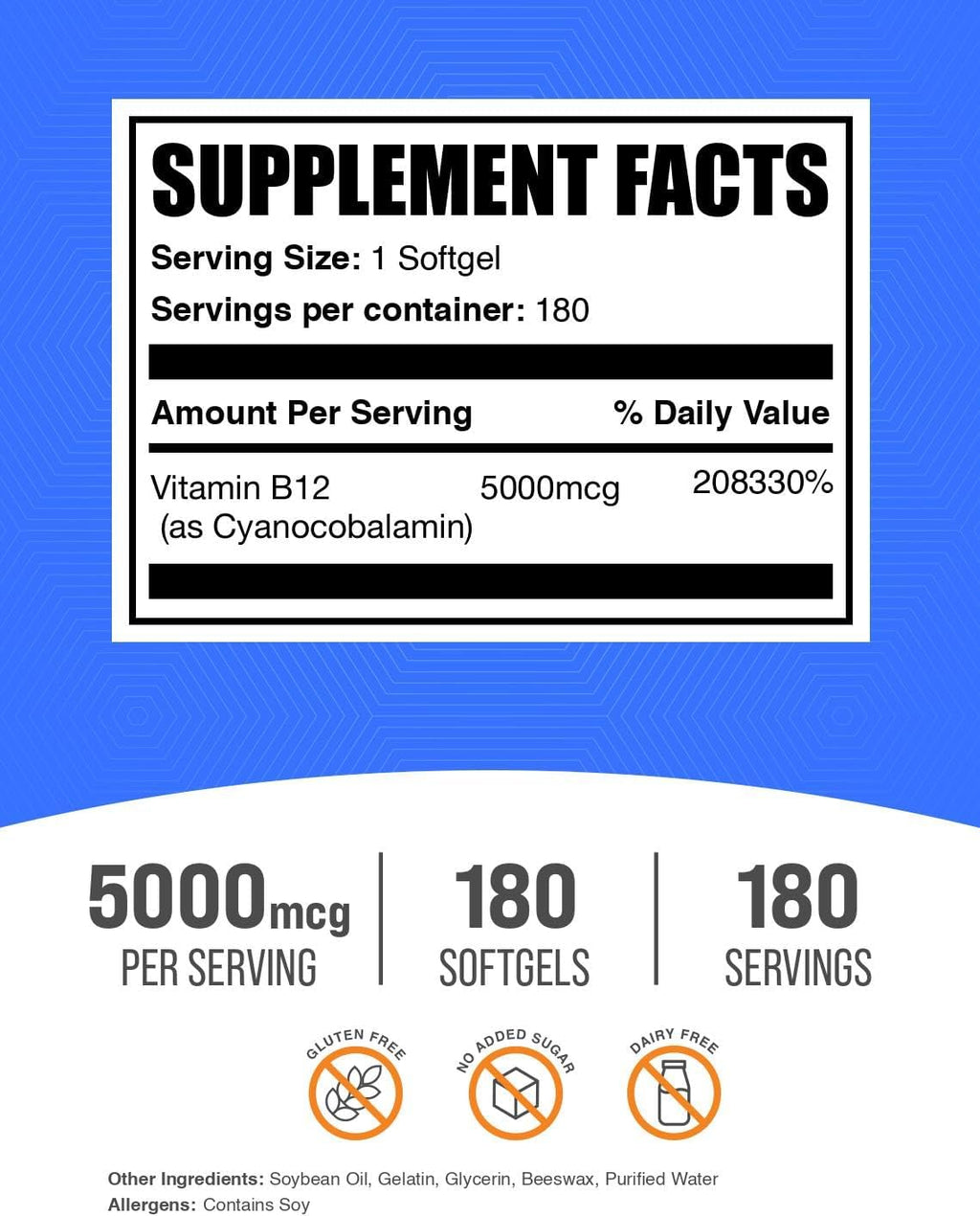 Vitamina B12 5000 mcg Softgels - Cianocobalamina - 180 Cápsulas Blandas