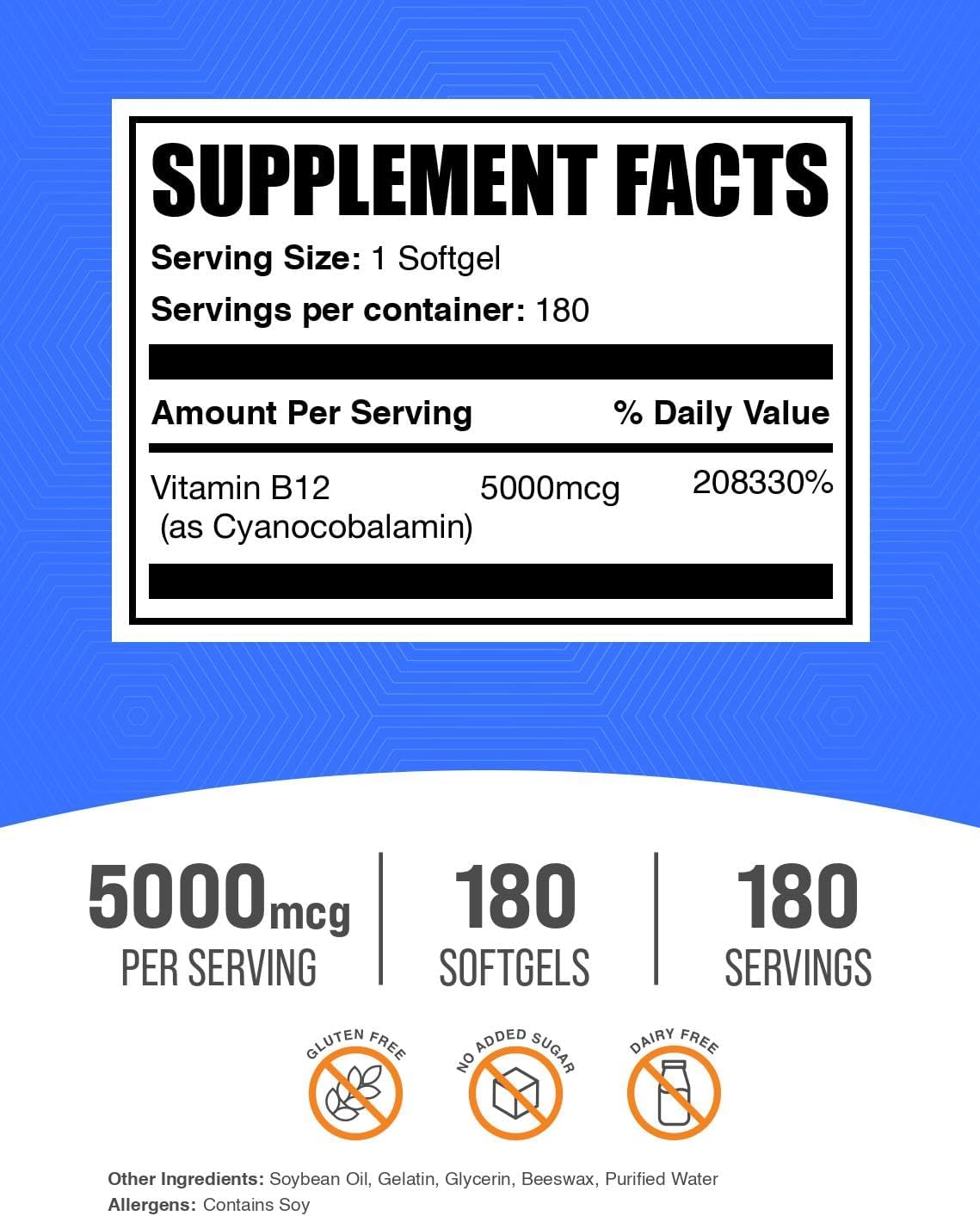 Vitamina B12 5000 mcg Softgels - Cianocobalamina - 180 Cápsulas Blandas