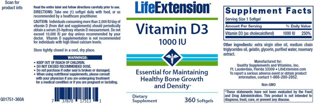 Life Extension Vitamina D3 25 mcg (1000 UI) – 2x250 cápsulas blandas