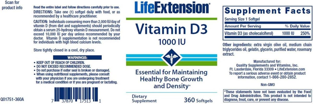 Life Extension Vitamina D3 25 mcg (1000 UI) – Mantenimiento de los huesos: Ayuda a mantener los huesos en – Image 2