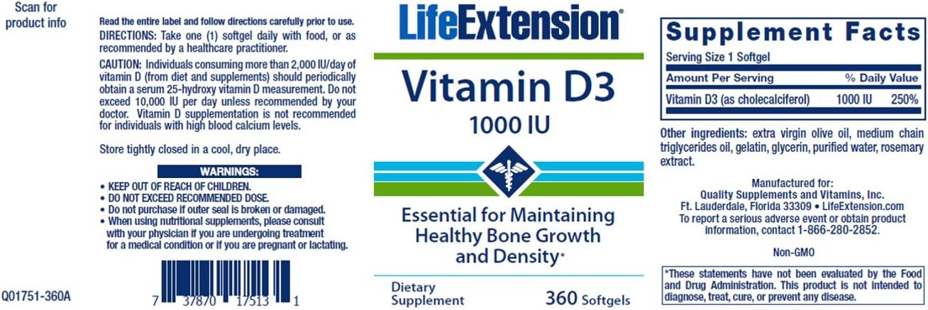 Life Extension Vitamina D3 25 mcg (1000 UI) – 2x250 cápsulas blandas