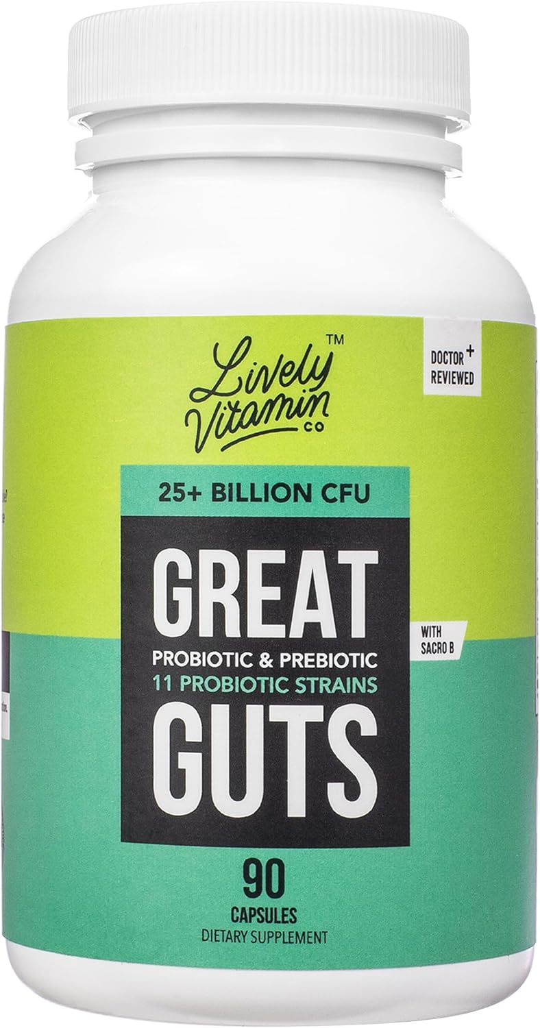 LIVELY VITAMIN CO. Great Guts Probiotic - 25 Billion CFU - Equilibrio Intestinal - 90 Cápsulas