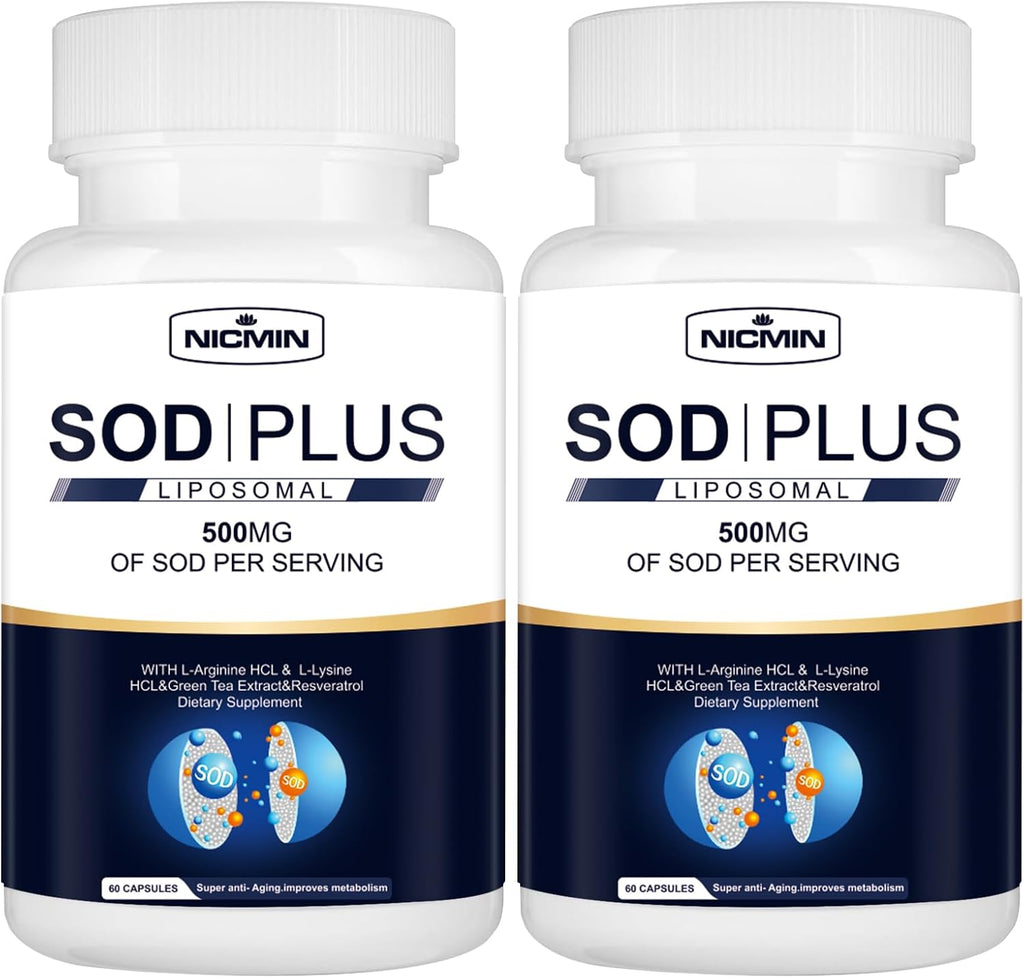 NICMIN 500MG Superóxido Dismutasa con Glutatión Liposomal, AKG, Extracto de Té Verde, L-Arginina, Lisina, Resveratrol y Vitamina E - 120 Cápsulas