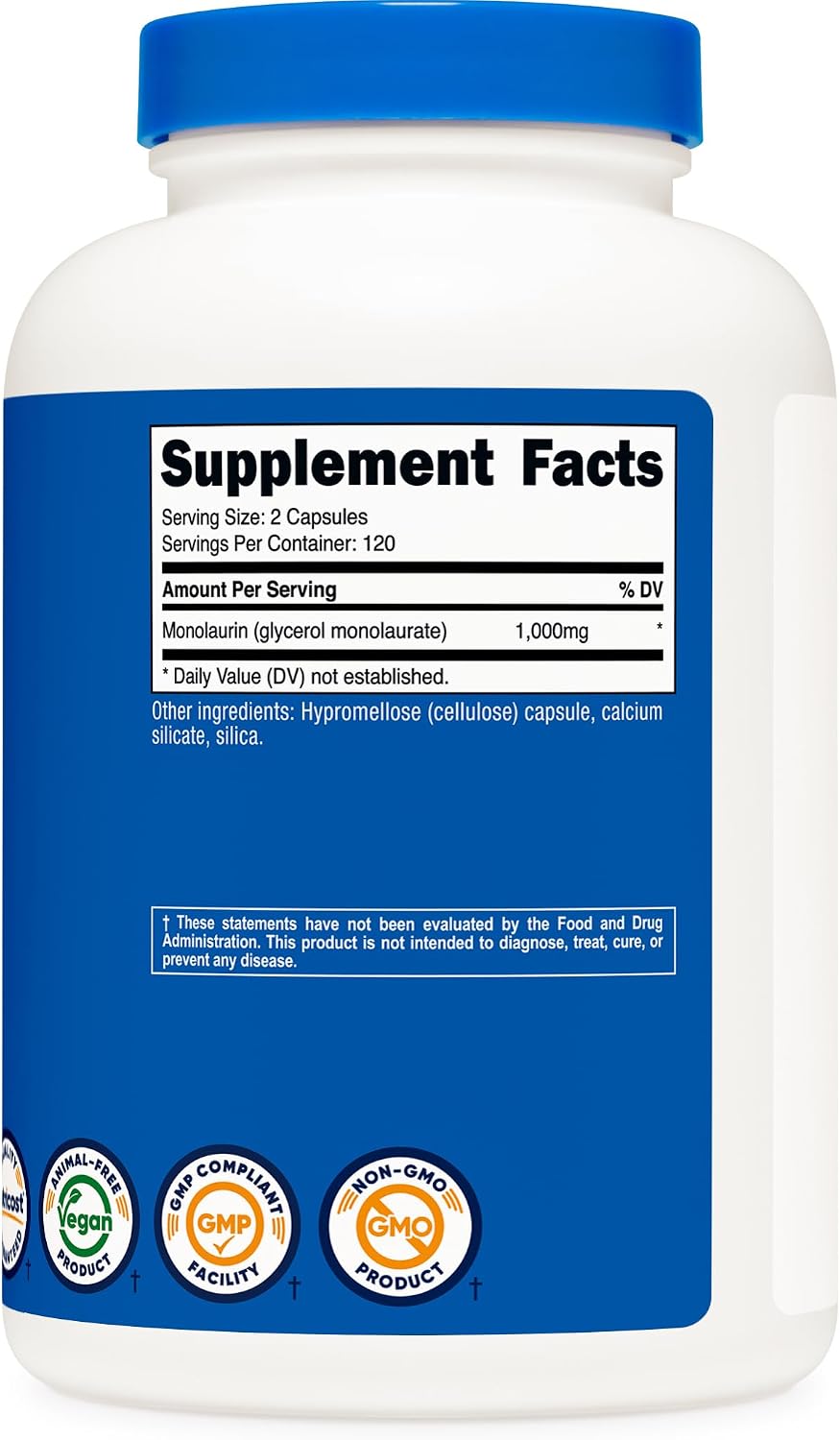 Nutricost Monolaurina 1000 mg (120 Porciones, 240 Cápsulas) - Sin Gluten, No OGM, Vegano