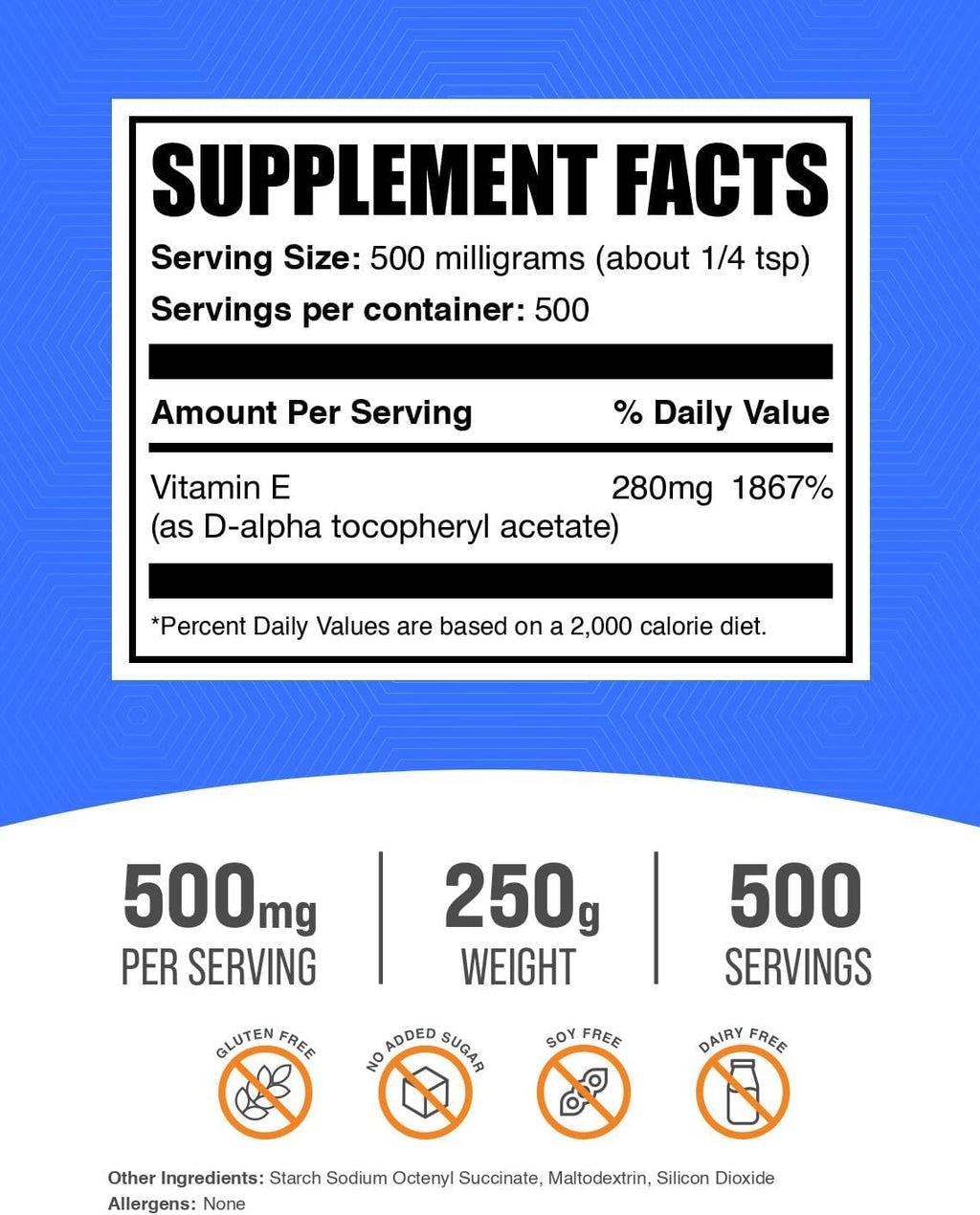 Vitamina E 400 UI en polvo - D-alfa-tocoferol, 500 mg por porción, 250 g