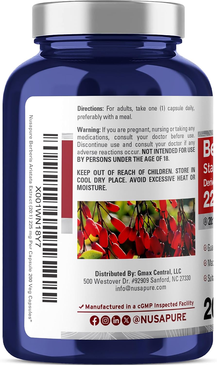 NusaPure Berberine HCI Cápsulas, 225 mg, 200 Cápsulas Veganas (No GMO, Vegano)