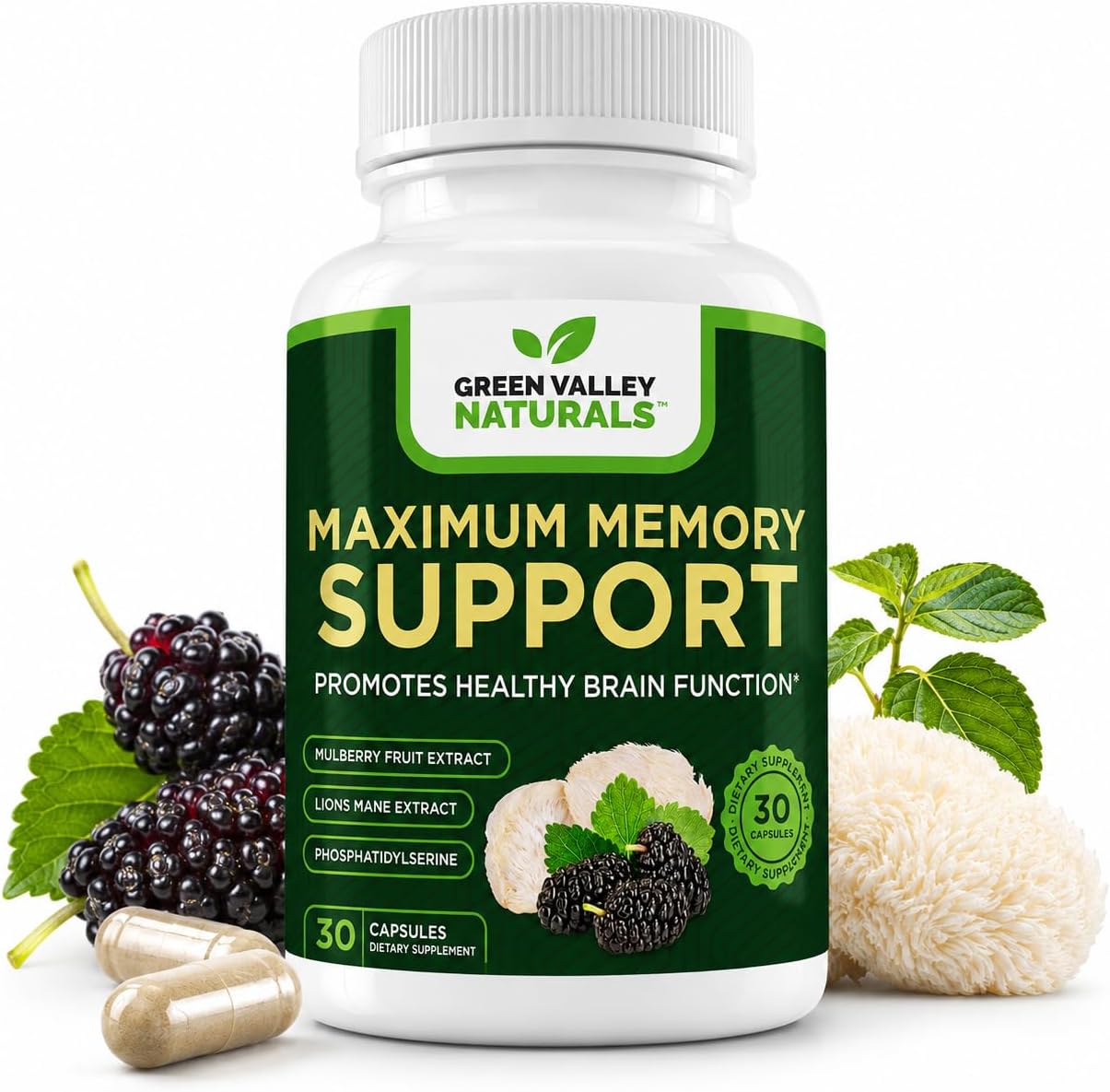 Green Valley Naturals Maximum Memory Support - Suplemento Cognitivo con Lion's Mane, Mulberry, Phosphatidylserine y Vitaminas B Metiladas - 30 Cápsulas