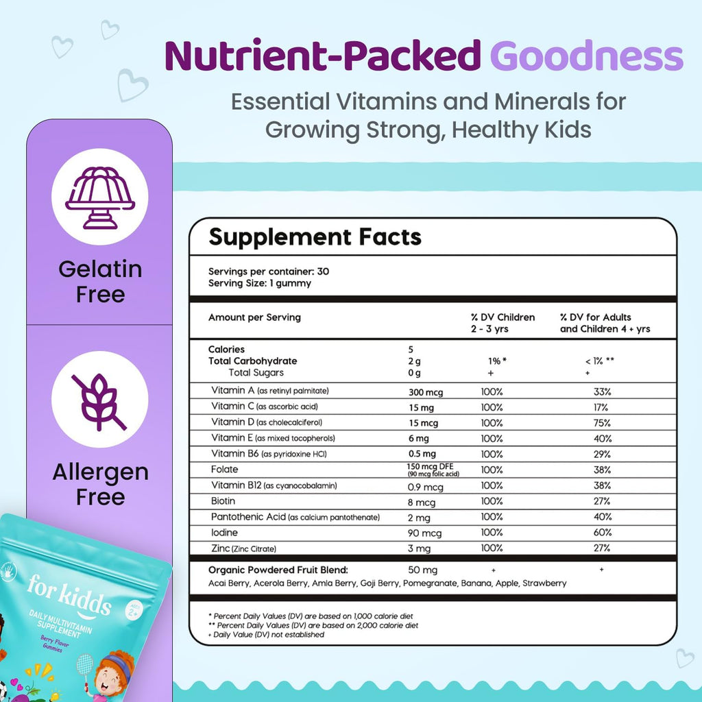 ZettoA Multivitamínico Infantil - Gomitas de Frutos Rojos con 11 Vitaminas y Minerales - Sin Azúcar, Vegano, Sin Gluten - 30 Unidades