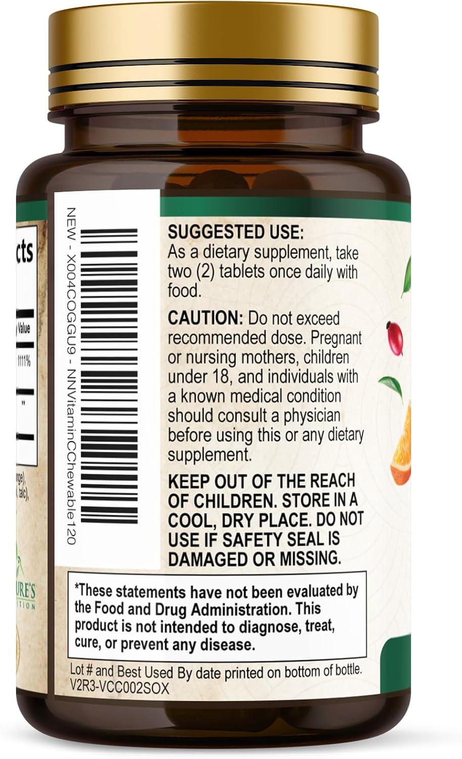 Vitamina C 1000 mg Masticable sin Azúcar con Escaramujo - 120 Comprimidos - Nature's Nutrition