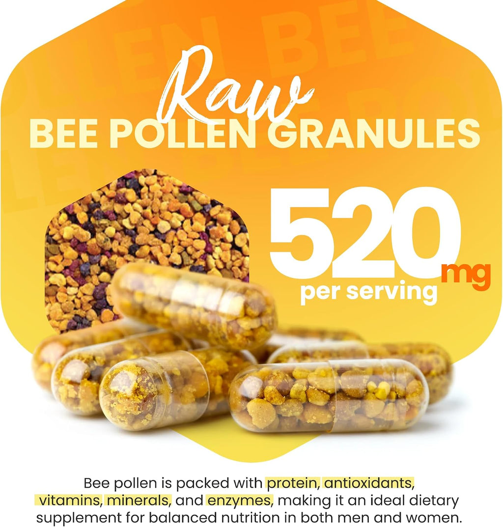 HONEYBEEZONE – Gránulos de Polen de Abeja Crudo 100% en 60 Cápsulas Vegetales – Alto en Complejo B para Metabolismo y Energía – Sin Gluten y No GMO – Proteínas y Antioxidantes
