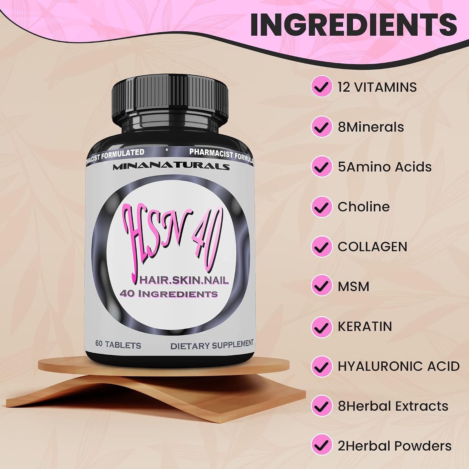 HSN 40 Hair Skin and Nails - 40 Ingredientes con Biotina 10000 mcg, Queratina y Colágeno