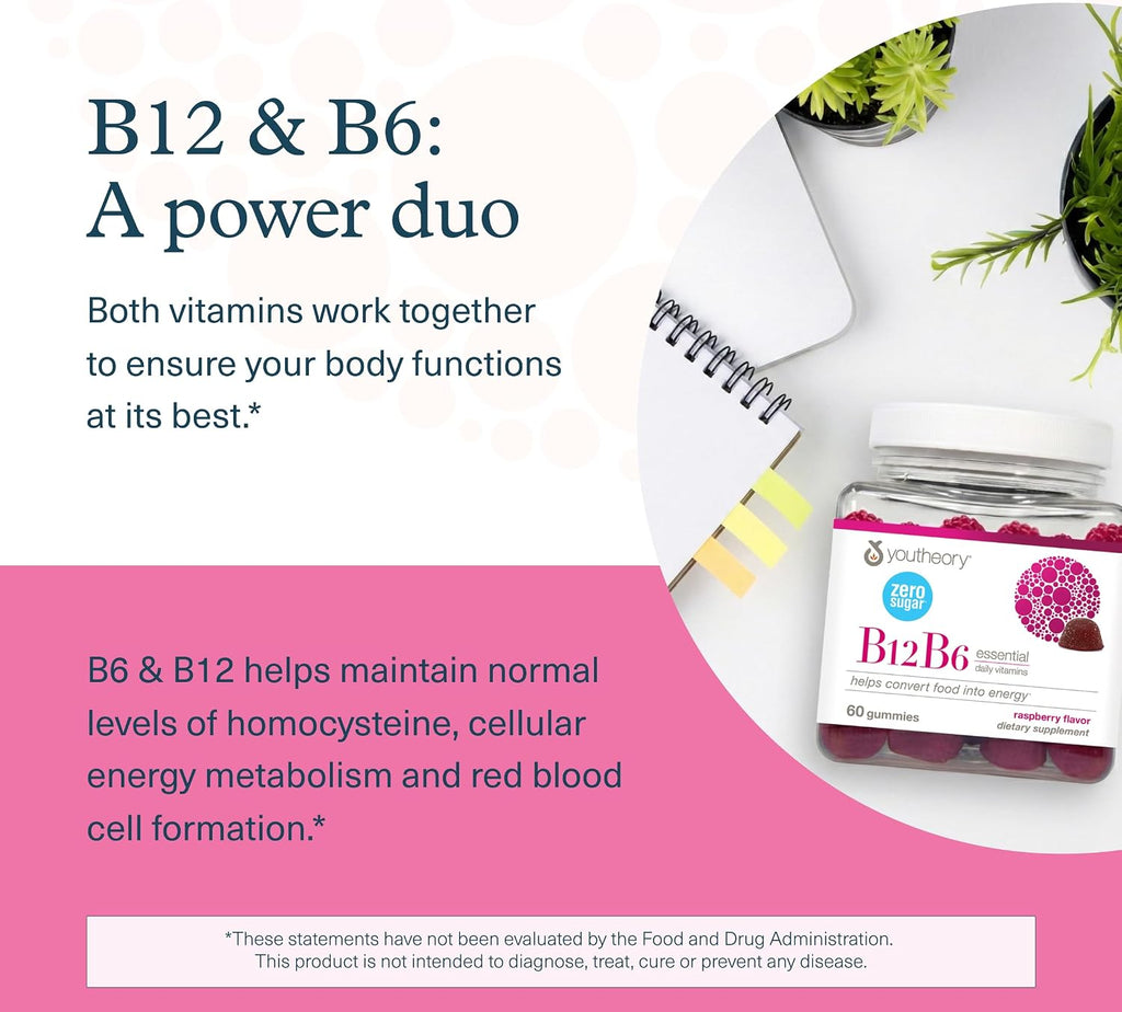 Youtheory B12B6 Gummies - Vitamina B12 y B6 - Apoya el Estado de Ánimo, Sistema Nervioso y Metabolismo* - Sin Azúcar - Sin Lácteos, Soja ni Gluten - 60 Gomitas