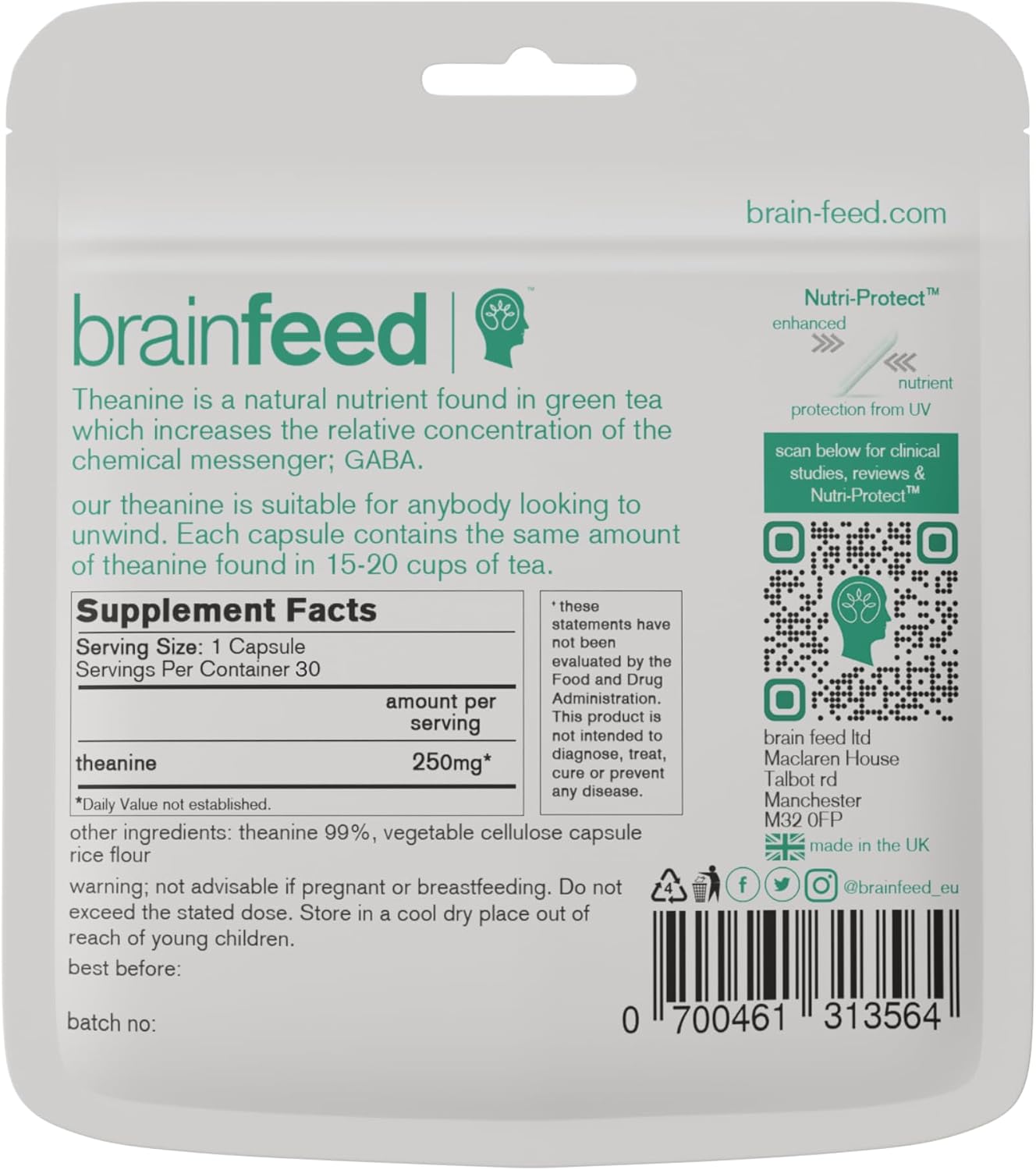 L-Teanina Natural 250mg | Cápsulas de Extracto de Té Verde | Apoyo a la Relajación | 30 Cápsulas Veganas