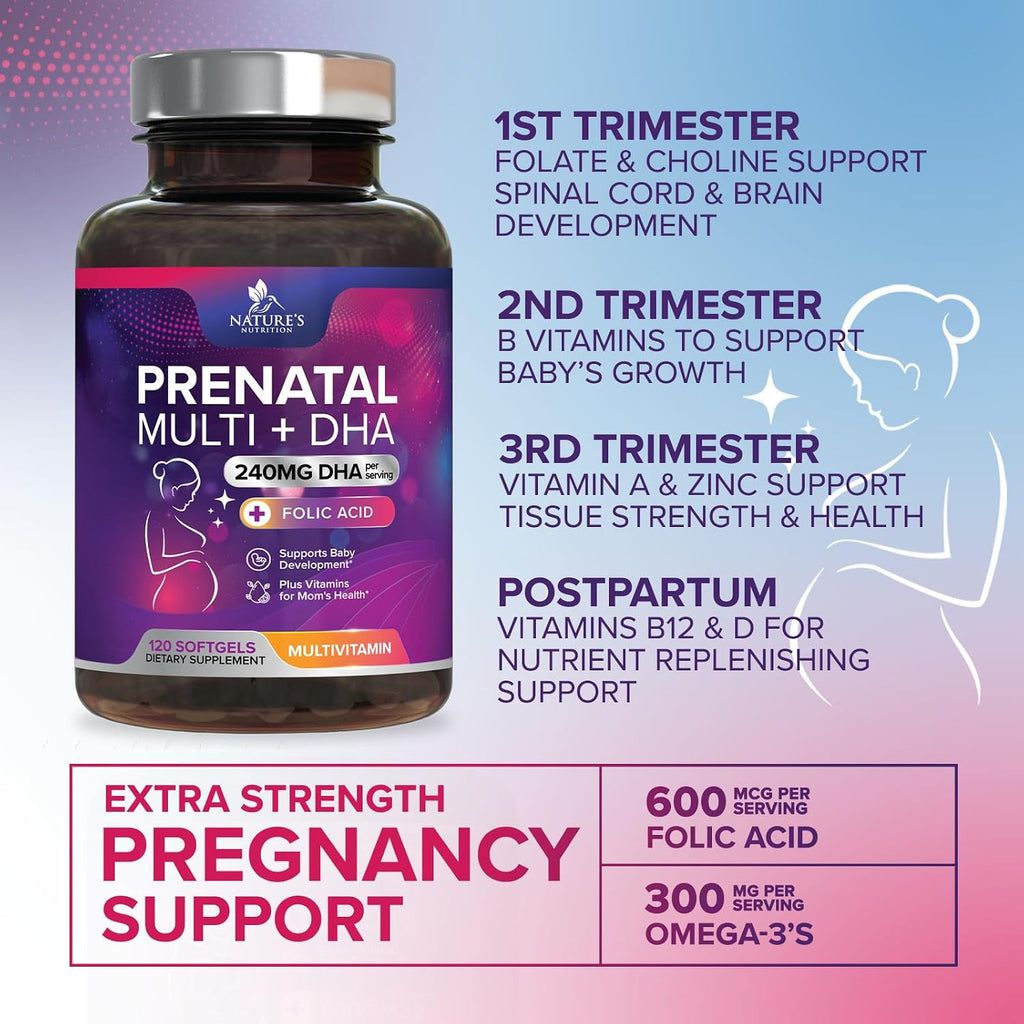 Vitaminas Prenatales con Ácido Fólico + Omega 3 DHA para el Desarrollo Fetal - 120 Cápsulas Blandas