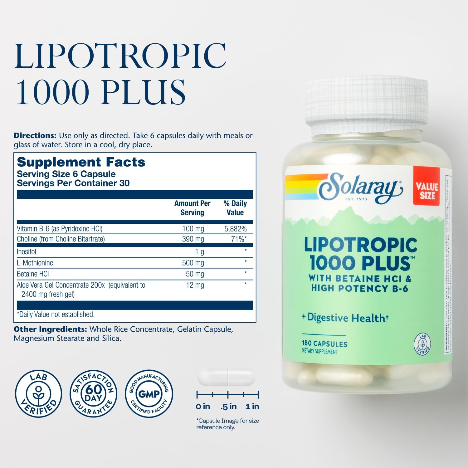 SOLARAY Lipotropic 1000 Plus – Apoyo Digestivo, Energía y Metabolismo de Grasas, con Betaina HCl y Vitamina B-6, 180 Cápsulas