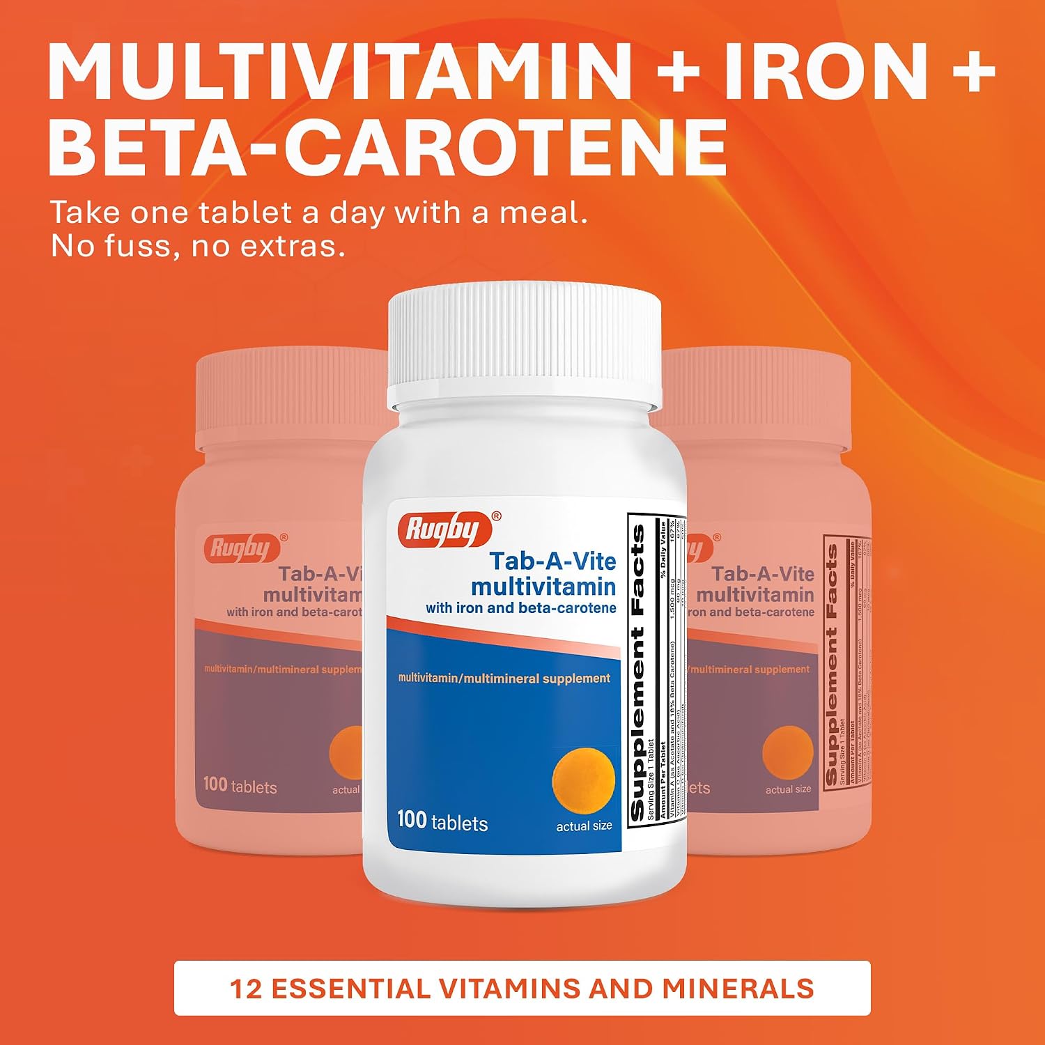 Rugby Tab-A-Vite Multivitamin con Hierro y Betacaroteno - Multivitamínico Diario para Adultos, Apoya la Salud General, Suplemento Multimineral - 100 Comprimidos