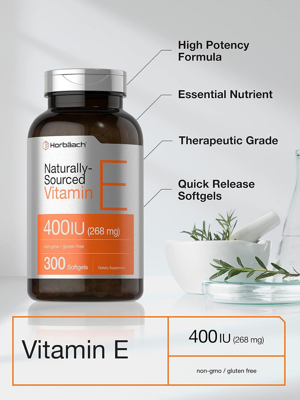Horbäach Vitamina E 400 UI (268 mg) - 300 Cápsulas Blandas - D-Alfa Tocoferol Natural - Sin Gluten y No Transgénico
