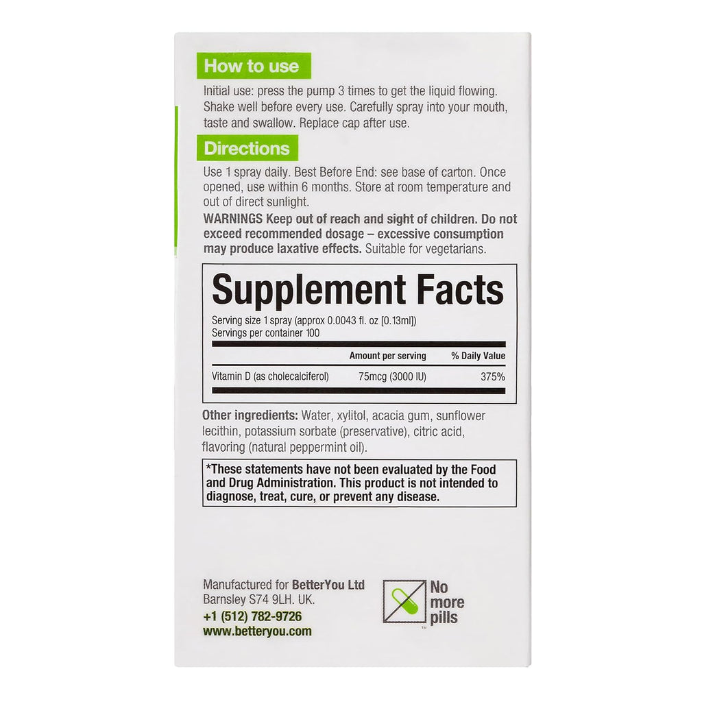BetterYou D3000 Vitamina D Oral en Spray - 3000 UI - 0.5 oz (15 ml)