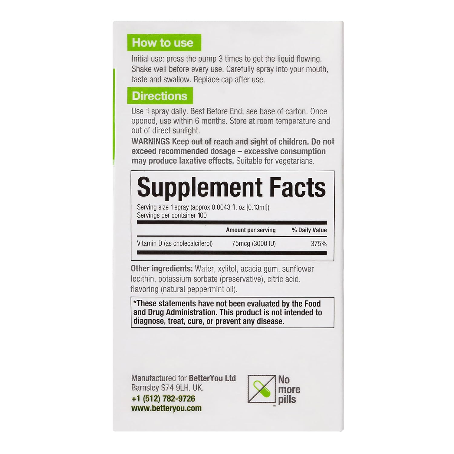 BetterYou D3000 Vitamina D Oral en Spray - 3000 UI - 0.5 oz (15 ml)