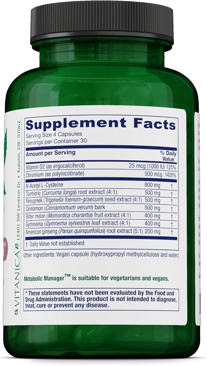 Vitanica Metabolic Manager - Suplemento Herbal para Apoyo Metabólico Saludable con Vitamina D - Vegano - 120 Cápsulas