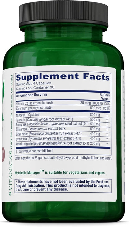 Vitanica Metabolic Manager - Suplemento – Cromo (como picolinato de cromo): Este mineral traza interviene en el – Image 2