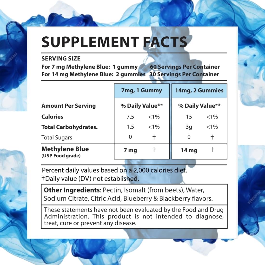Azul de Metileno para Humanos Grado Farmacéutico USP - 7mg y 14mg - Gominolas Veganas Sin Azúcar Sabor Bayas - 60 Unidades