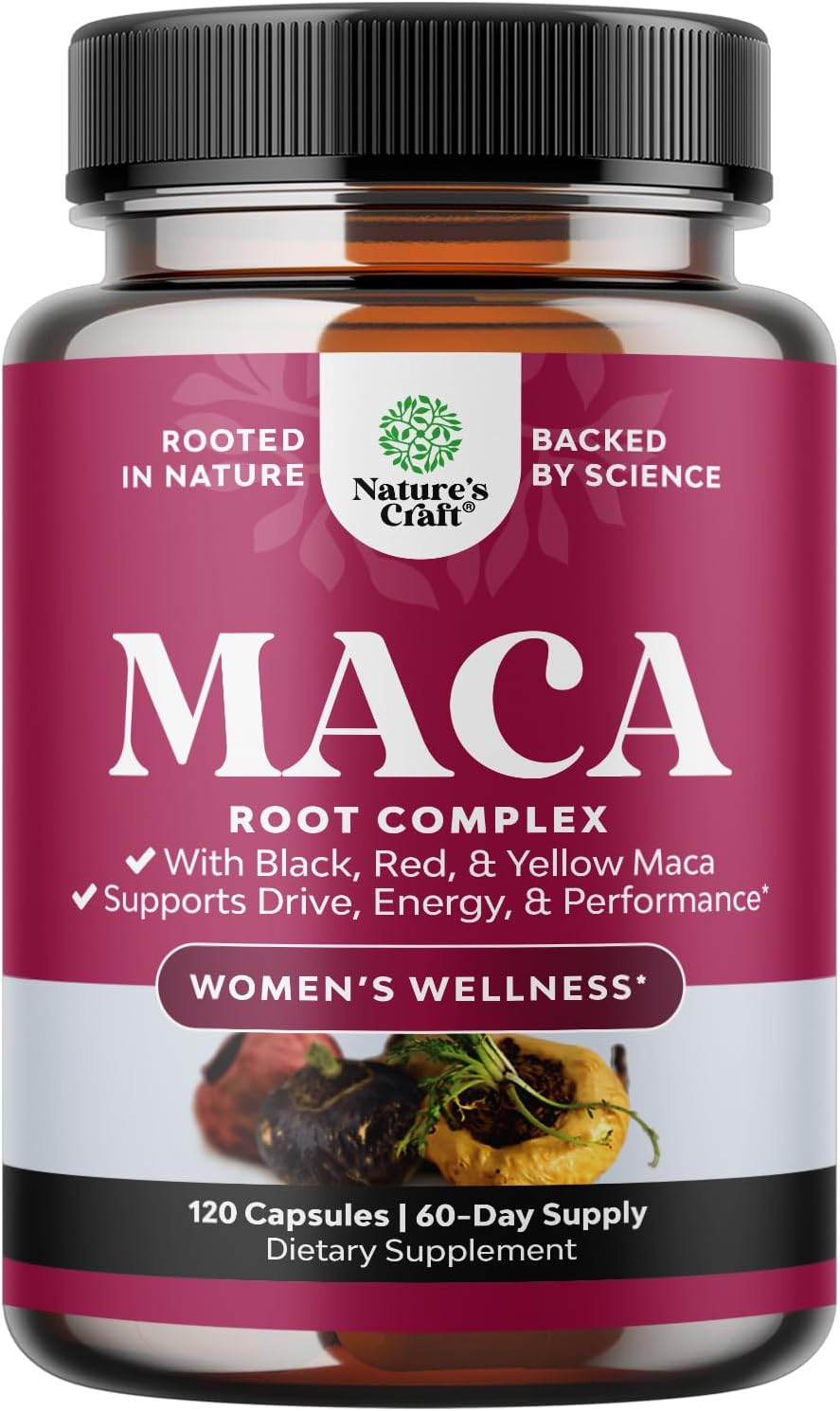 Cápsulas de Raíz de Maca para Mujeres - Suplemento Herbal con Mezcla de Maca Roja, Amarilla y Negra - 120 Cápsulas