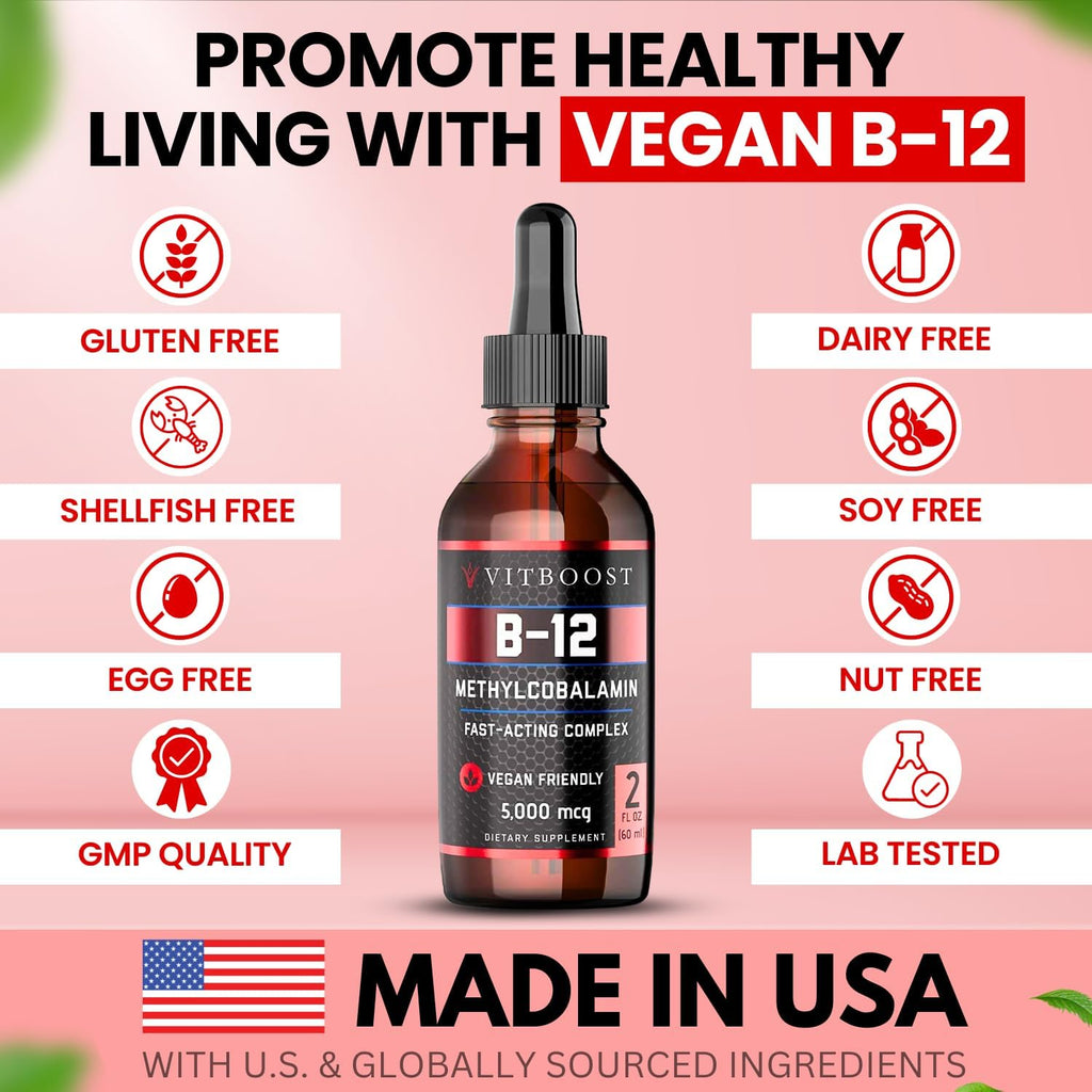 VITBOOST Gotas de Vitamina B12 Líquida Vegana – 60 dosis de 5000 mcg con Sabor a Frambuesa – Metilcobalamina Sublingual
