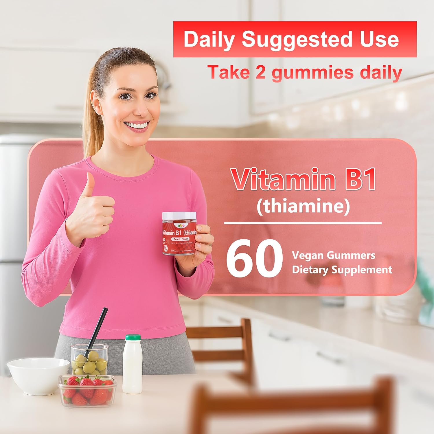 Vitamin B1 Gummies 300mg con Magnesio y Vitamina C – Gomitas de Tiamina para Adultos y Niños – Sabor Melocotón Natural – Sin Azúcar, Vegano, No GMO – 60 Unidades (1 Mes)