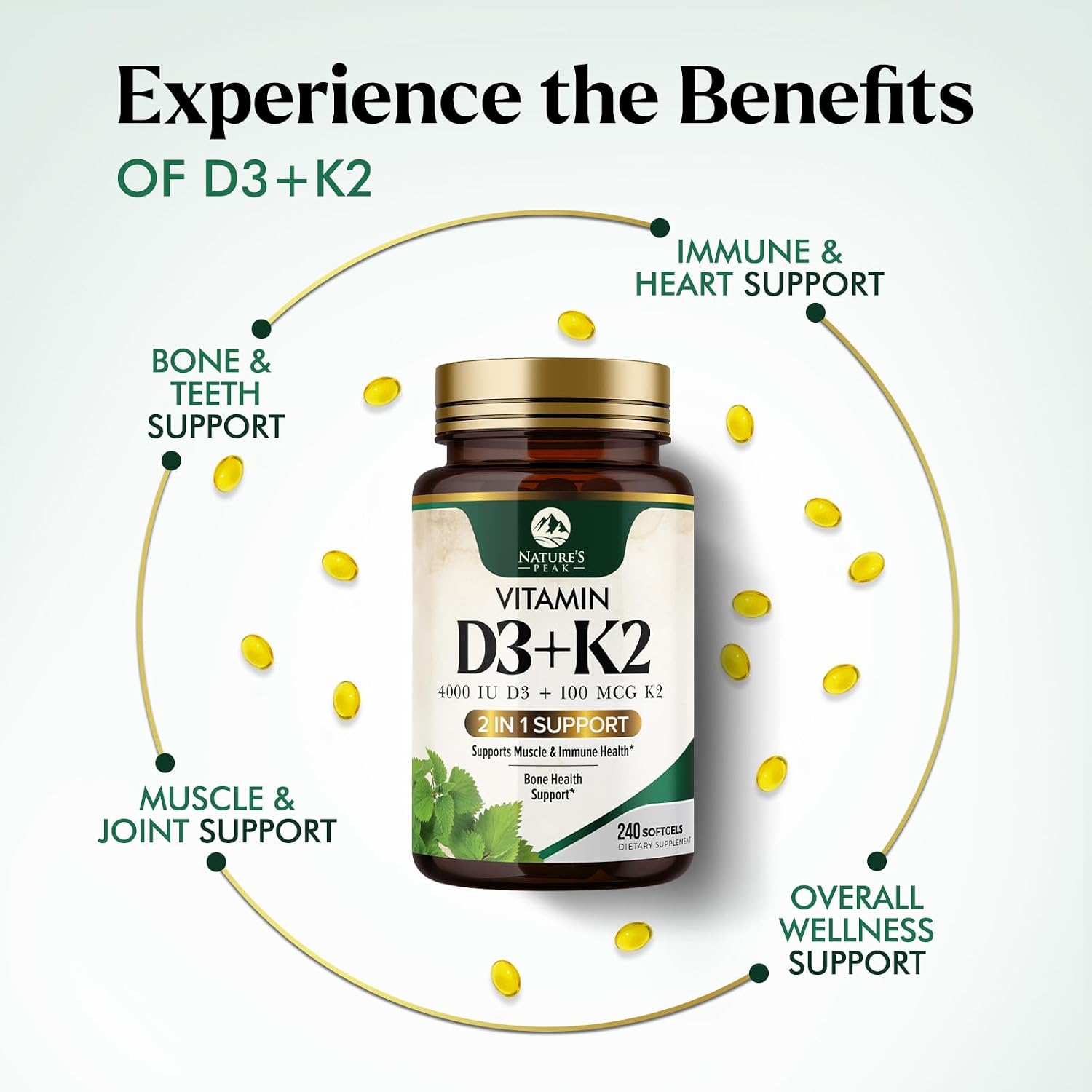 Nature's Peak Vitamina D3 K2 - 4000 UI D3 + K2 MK7 - 240 Cápsulas Blandas