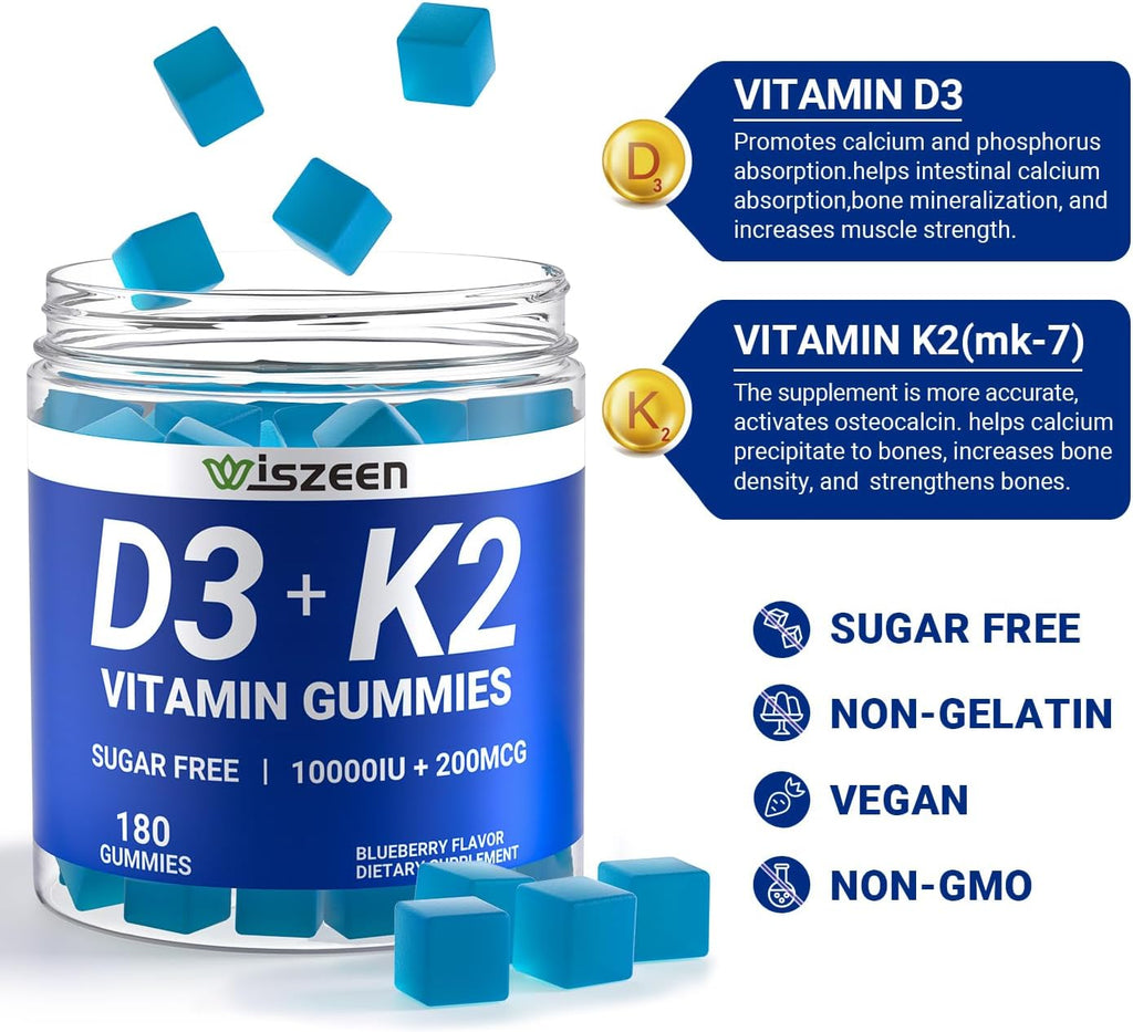Wiszeen Gominolas de Vitamina D3 y K2 Sin Azúcar - 10000 UI D3 + 200 mcg K2 MK-7 con Calcio, Magnesio y B12