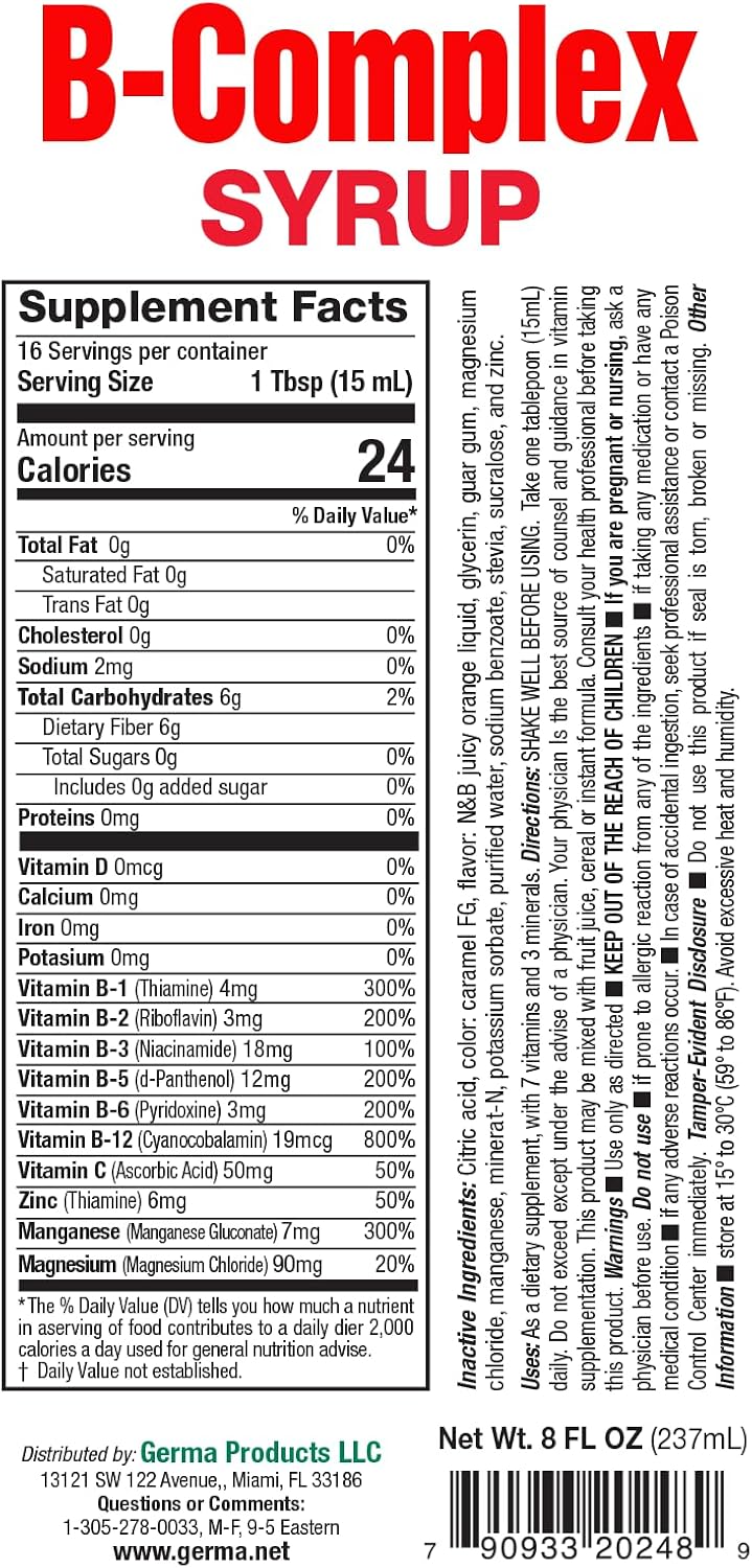 Germa Jarabe Complejo B - Suplemento de Vitaminas B, Sin Azúcar, Sabor Naranja, 237 ml
