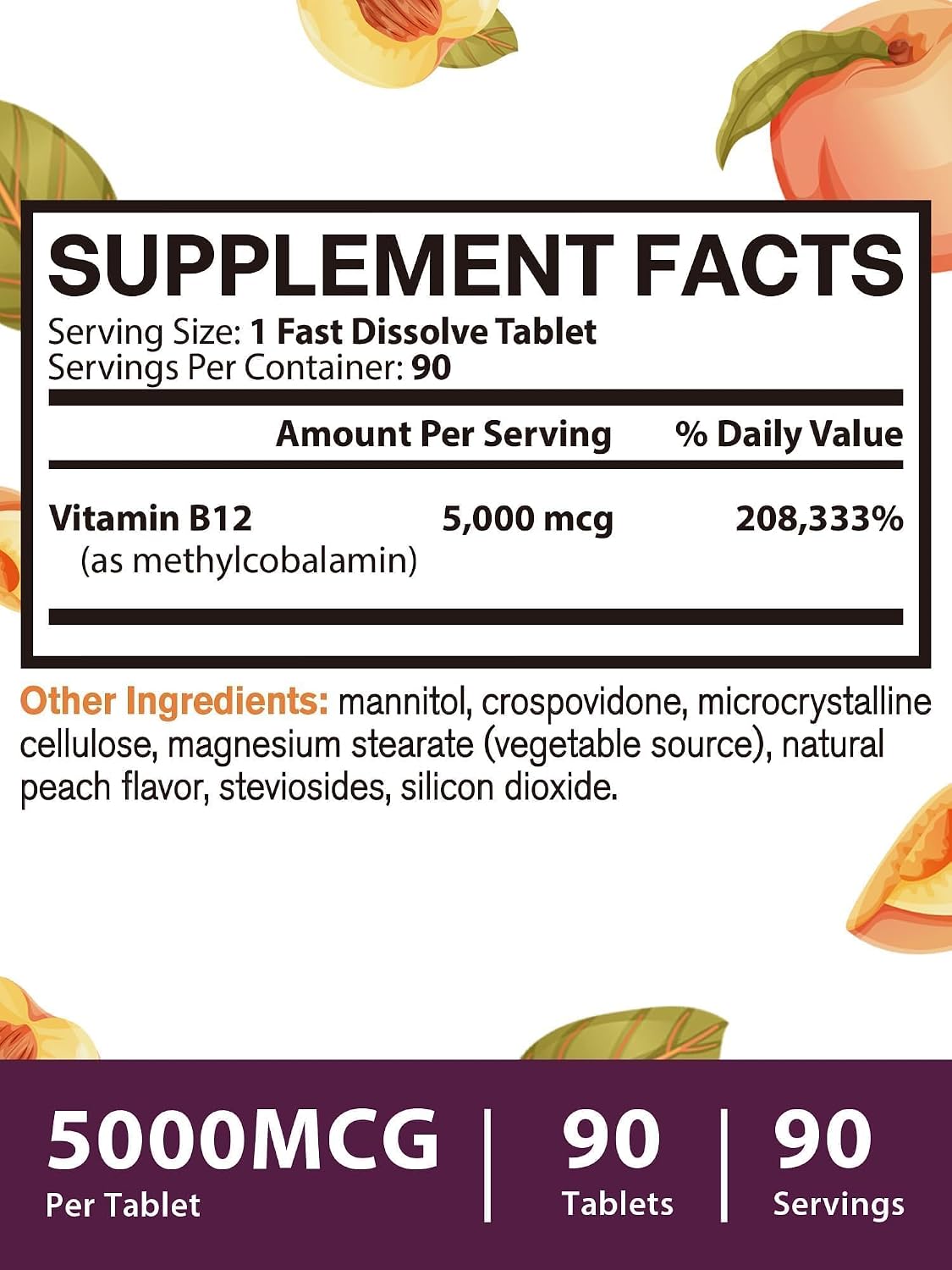 Vitamina B12 Sublingual, Metilcobalamina 5000mcg para Energía, Nervios y Células, Sabor Melocotón Natural, Vegano, Cero Azúcar, 90 Comprimidos de Disolución Rápida