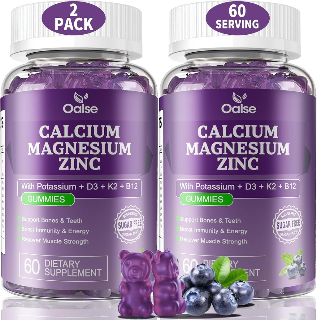 OALSE Gomitas de Calcio Magnesio Zinc con Vitamina D3 y K2 | Glicinato de Magnesio | Sin Azúcar | Sabor Arándano