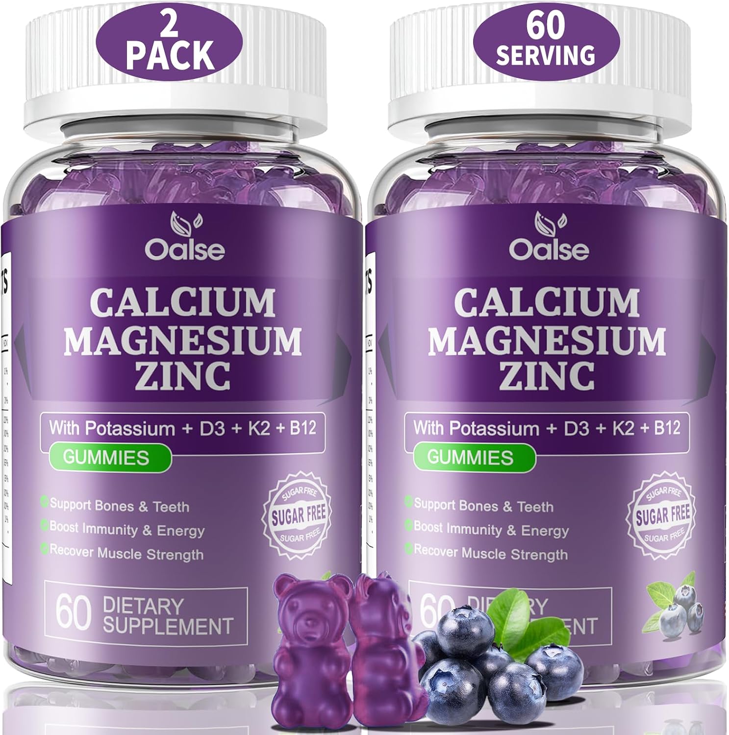 OALSE Gomitas de Calcio Magnesio Zinc con Vitamina D3 y K2 | Glicinato de Magnesio | Sin Azúcar | Sabor Arándano