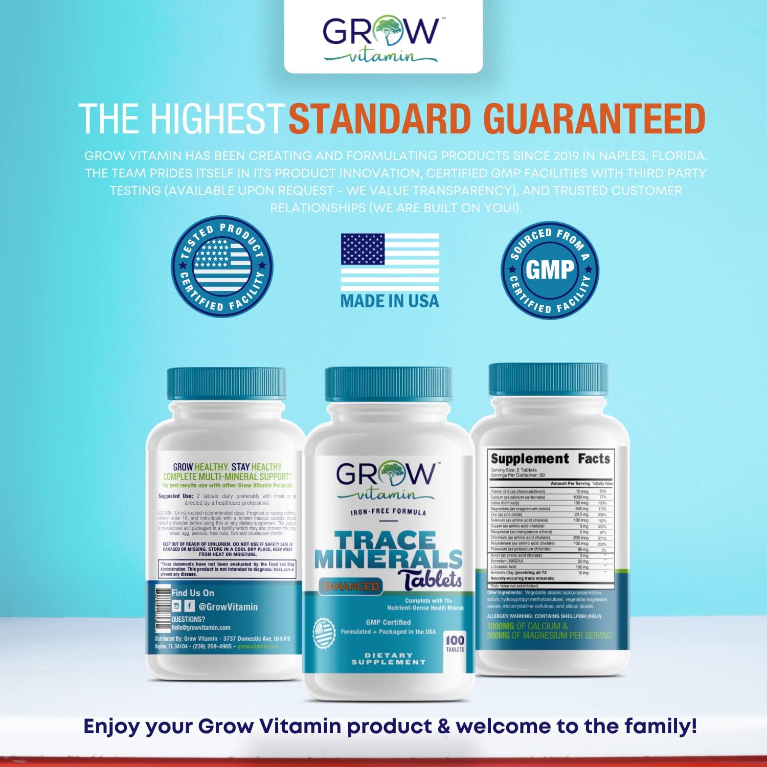 Complejo de Minerales Traza Grow Vitamin - 70+ Nutrientes Esenciales - 100 Comprimidos