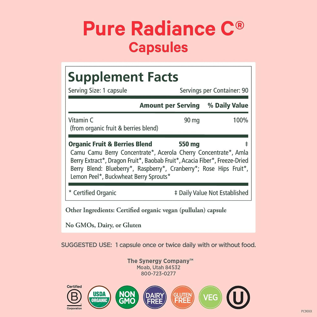PURE SYNERGY Pure Radiance C | Cápsulas de Vitamina C Orgánica | 100% Natural, Alimento Integral, No-GMO con Camu Camu Orgánico | Apoyo Inmunitario y de Colágeno (90 Cápsulas)