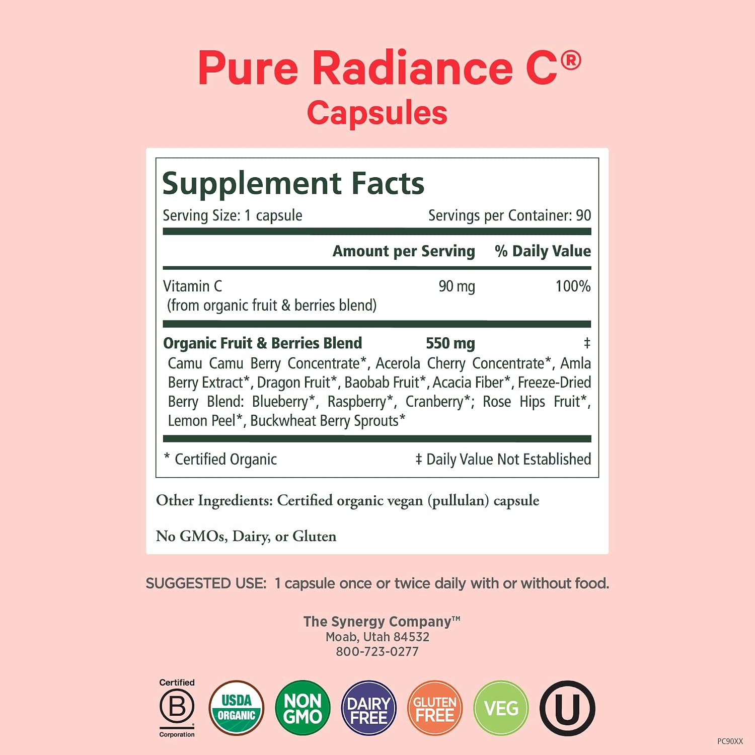 PURE SYNERGY Pure Radiance C | Cápsulas de Vitamina C Orgánica | 100% Natural, Alimento Integral, No-GMO con Camu Camu Orgánico | Apoyo Inmunitario y de Colágeno (90 Cápsulas)