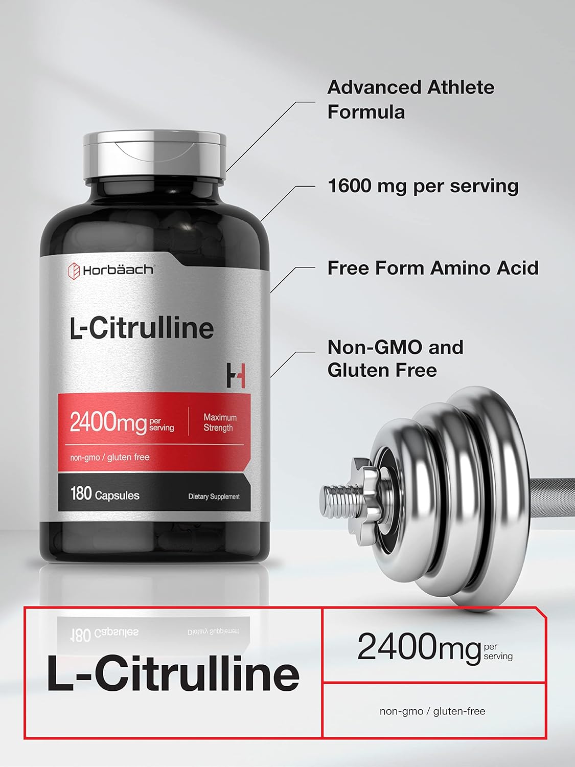 Horbäach L-Citrulina – 2400 mg – 180 Cápsulas – Libre de Gluten y OMG