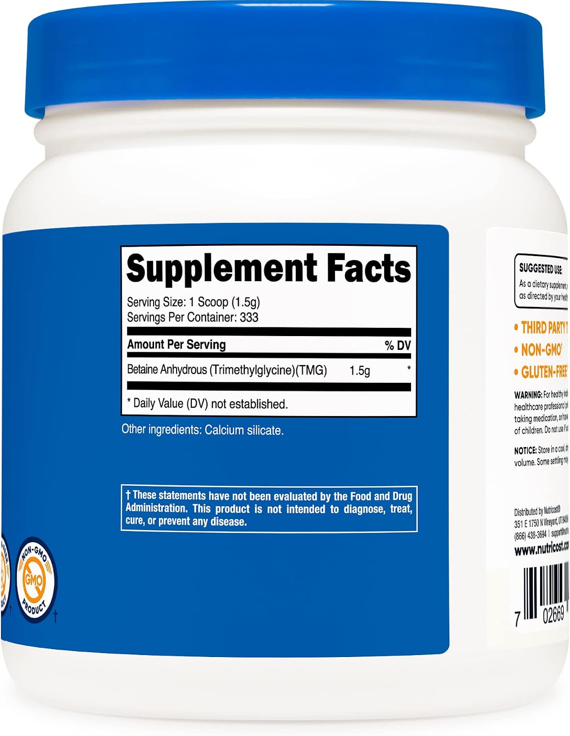 Nutricost Betaína Anhidra (TMG) en Polvo, 500 g (3 Envases)